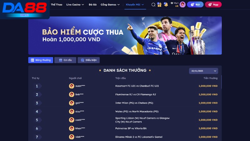 Khuyến mãi DA88 hoàn trả thua cược mỗi lần 1 triệu đồng