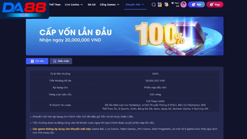 Khuyến mãi DA88 nạp tiền lần đầu nhận thưởng 2 triệu đồng