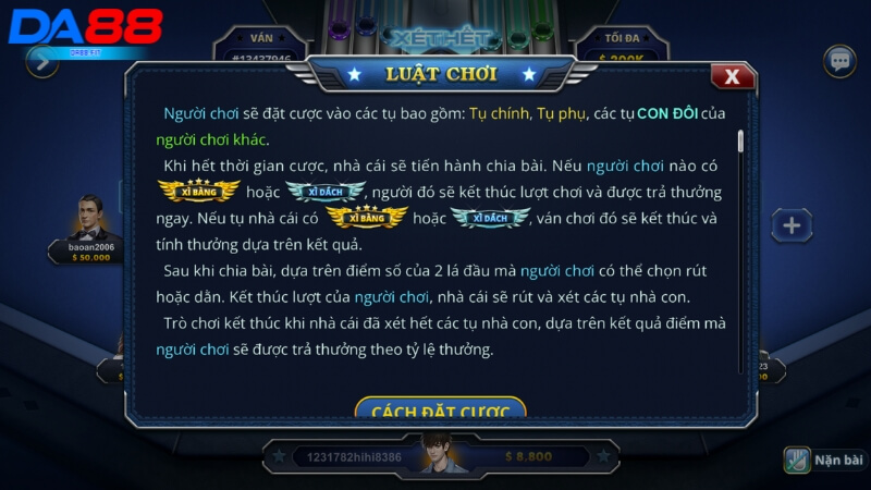 Luật chơi xì dách DA88 chi tiết cho người chơi mới