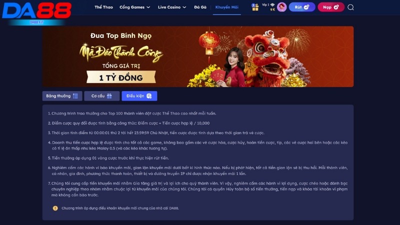 Điều kiện vòng cược đối với khuyến mãi đua top Bính Ngọ tại DA88